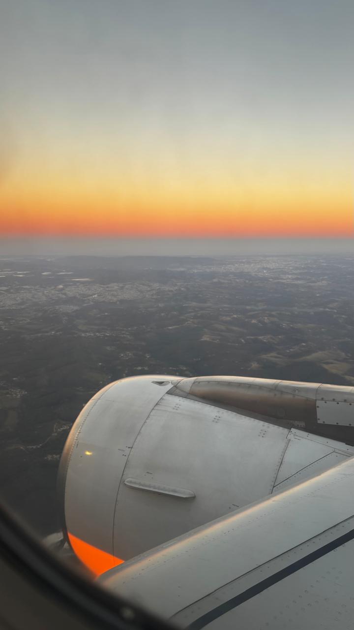 Asa e motor do avião durante o pôr do sol, vistos da janela